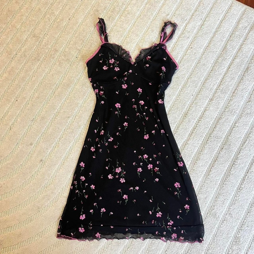 VTG y2k exhilaration Black pink floral dress size small Whimsygoth punk fairy